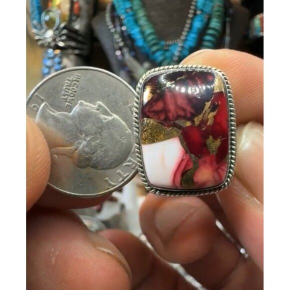 Size 11 925 Sterling Silver Rose Closed Back Dahlia Turquoise Ring - Picture 2 of 5